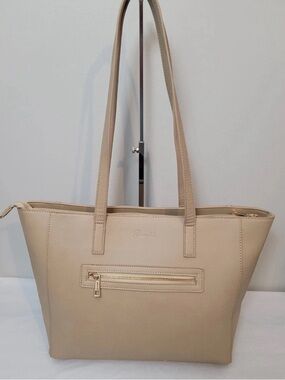Grateful Taupe Tote Bag Faux Leather Front Zip Pocket Large